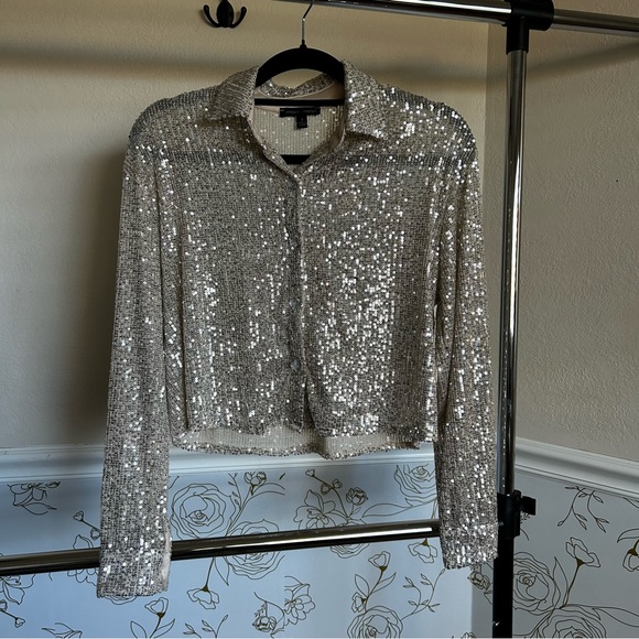 Tops - Boxy sparkle sequined button up blouse shirt silver nwot